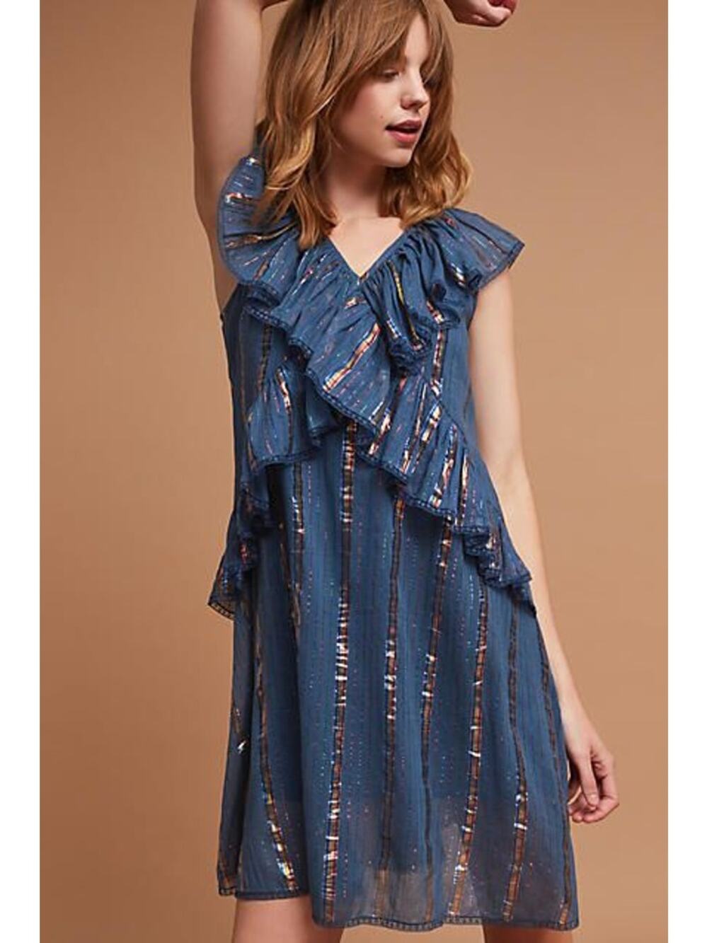 TRYB 212 METALLIC LUREX BLUE RUFFLE DRESS